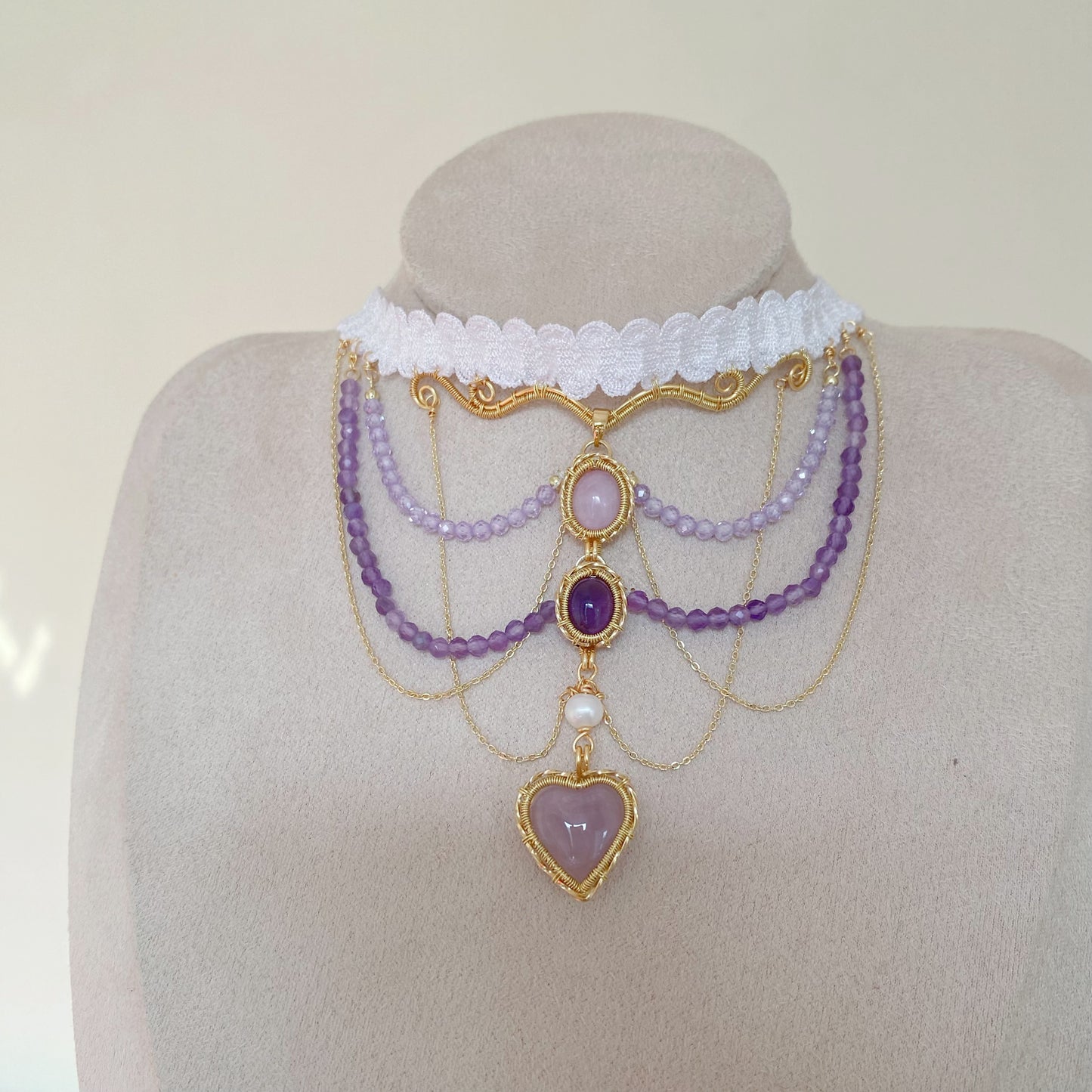 Handmade Kunzite and Amethyst Choker - Wire Wrapped Jewelry