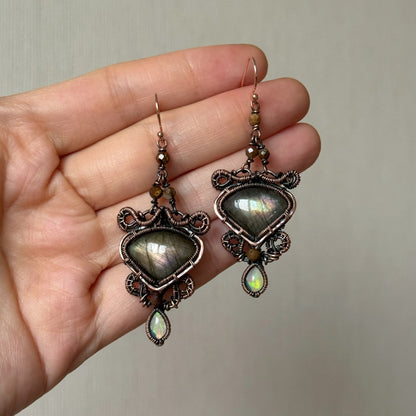 Handmade Labradorite And Opal Earring - Wire Wrapped Jewelry