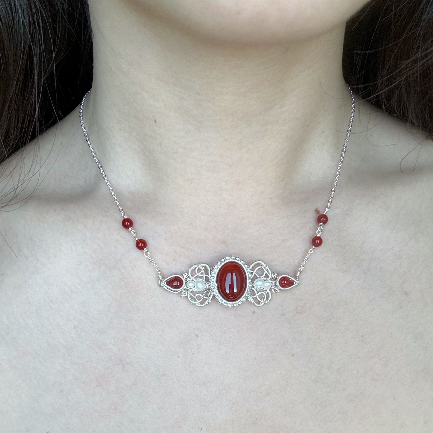 Handmade Red Agate Necklace - Wire Wrapped Jewelry