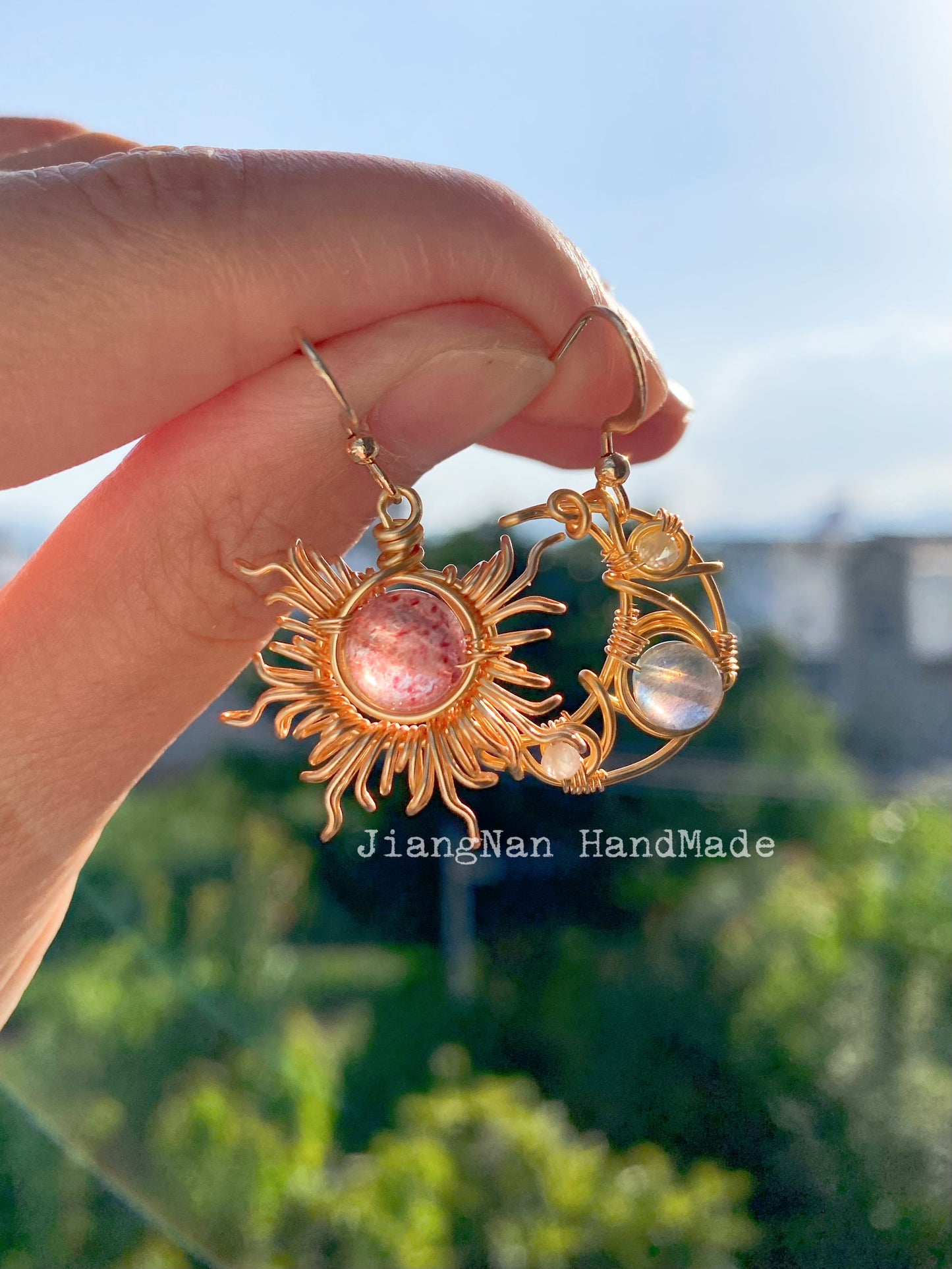 Sun And Moon Earrings - Wire Wrapped Jewelry by 14K Gold Filled