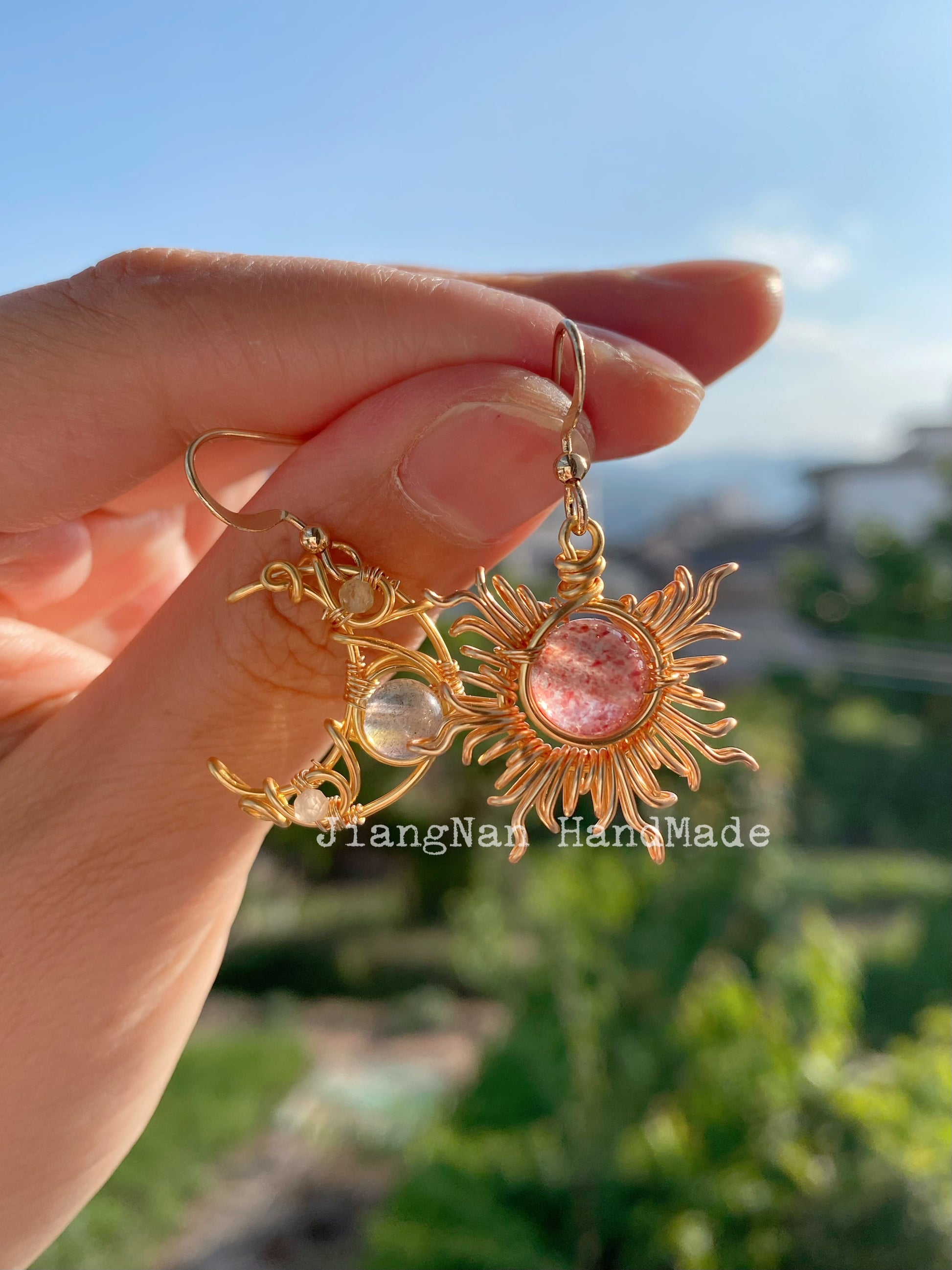 Sun And Moon Earrings - Wire Wrapped Jewelry by 14K Gold Filled