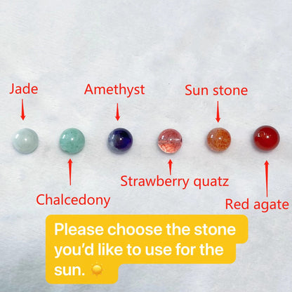 The mainstone can use Sunstone/ Strawberry Quartz/ Amethyst/ Chalcedony/ Jade. Please choose the stone you'd like to use for the Sun.
