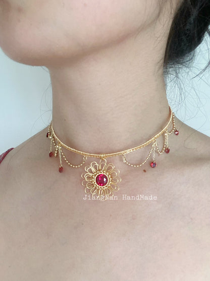 Handmade Red Flower Choker -Wire Wrapped Jewelry