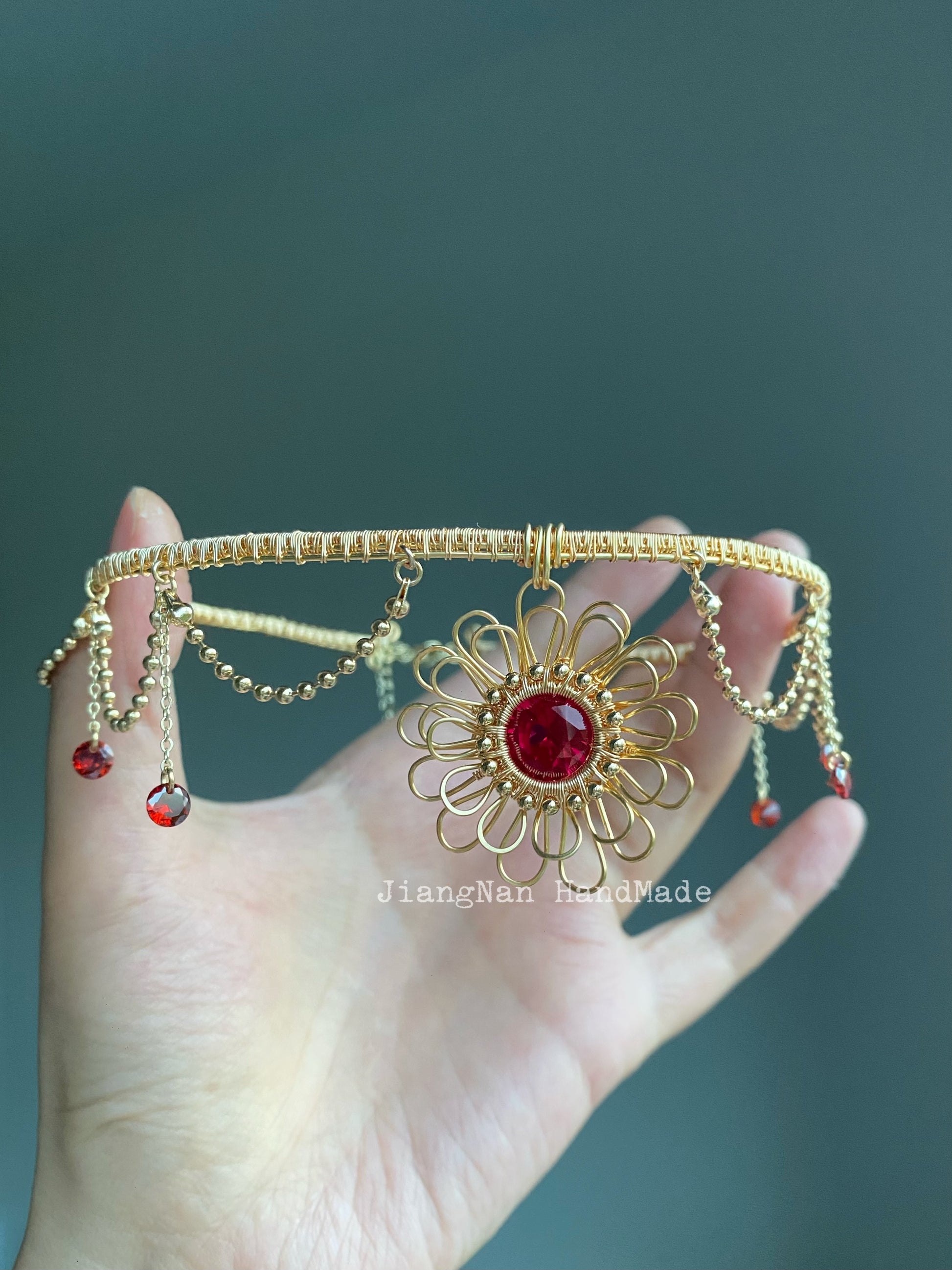 Handmade Red Flower Choker -Wire Wrapped Jewelry