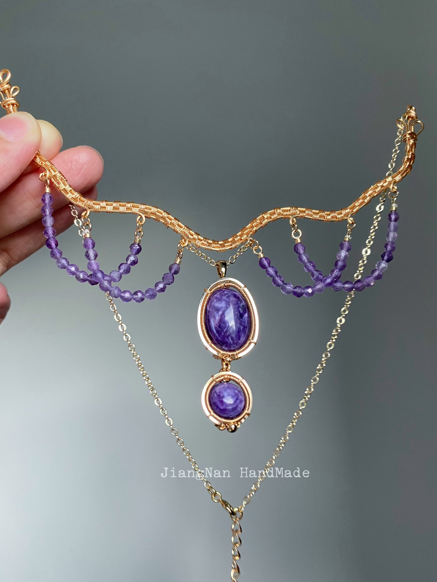 Handmade Charoite Necklace - Wire Wrapped Jewelry