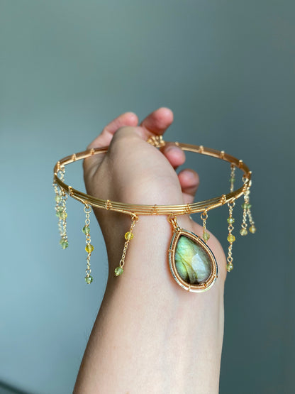 Handmade Green Yellow Labrodorite Choker - Wire Wrapped Jewelry
