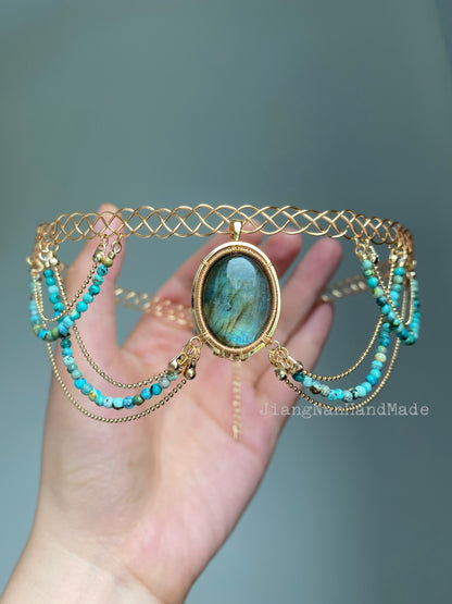 Handmade Blue Labradorite and Turquoise Choker - Wire Wrapped Jewelry