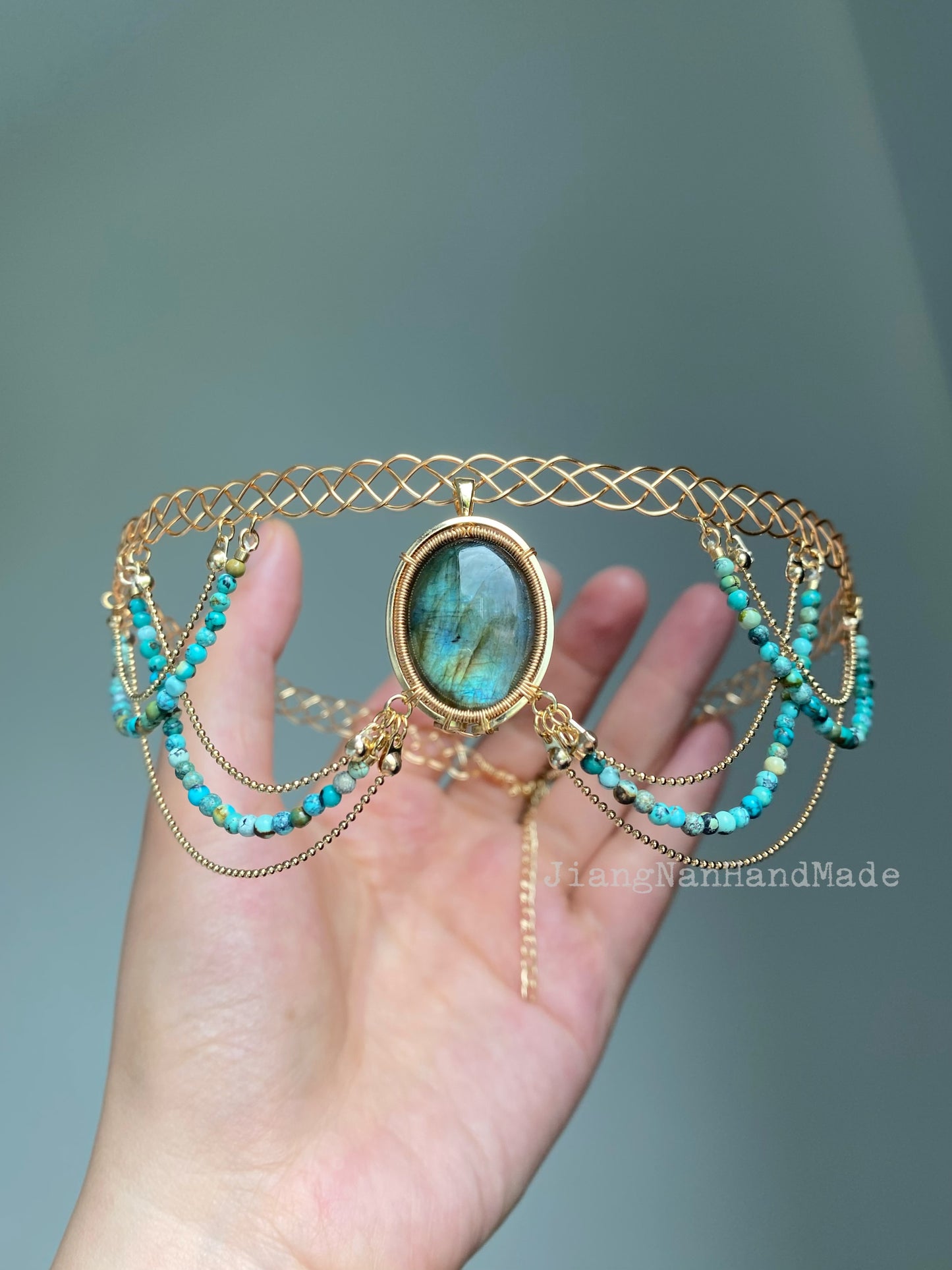 Handmade Blue Labradorite and Turquoise Choker - Wire Wrapped Jewelry