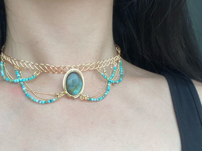 Handmade Blue Labradorite and Turquoise Choker - Wire Wrapped Jewelry