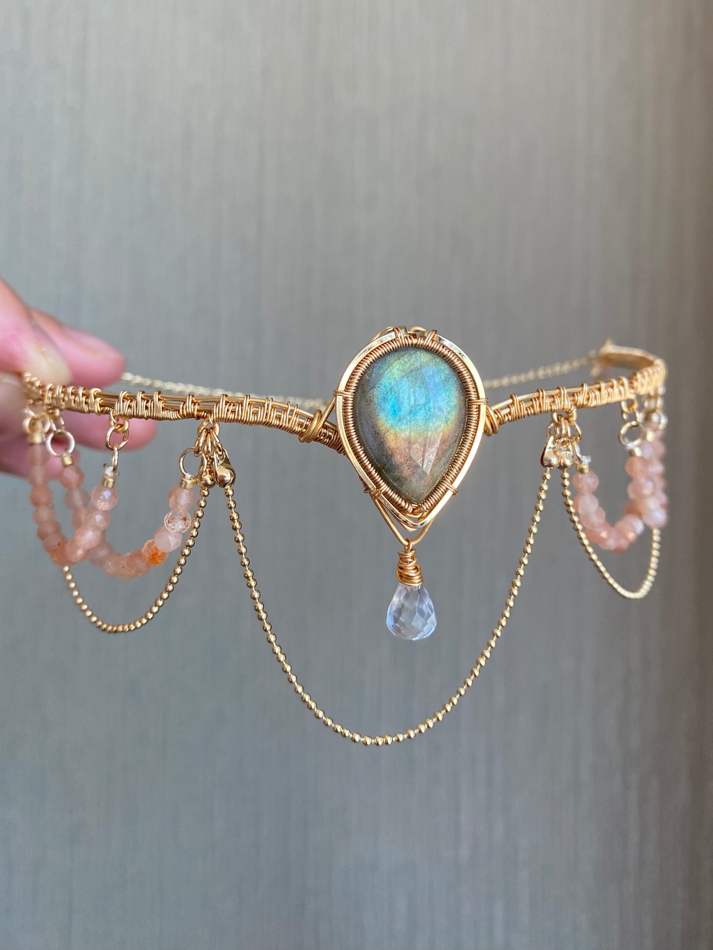 Handmade Labradorite and Peach Moonstone Choker - Wire Wrapped Jewelry