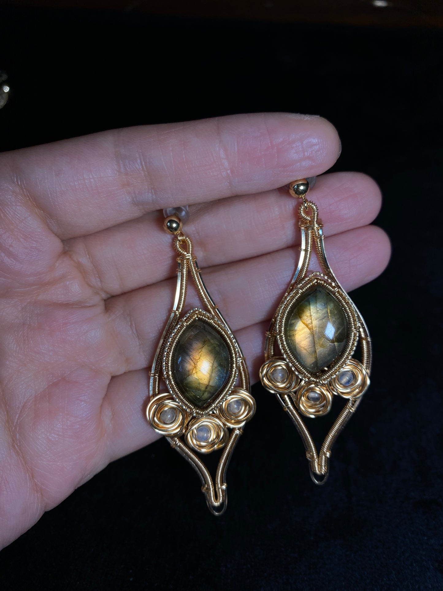 Handmade Yellow Labradorite And Rose Earrings - Wire Wrapped Jewelry
