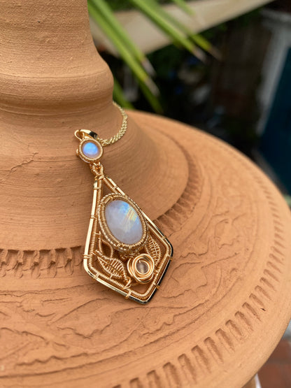 Handmade Rose And Moonstone Necklace - Wire Wrapped Jewelry