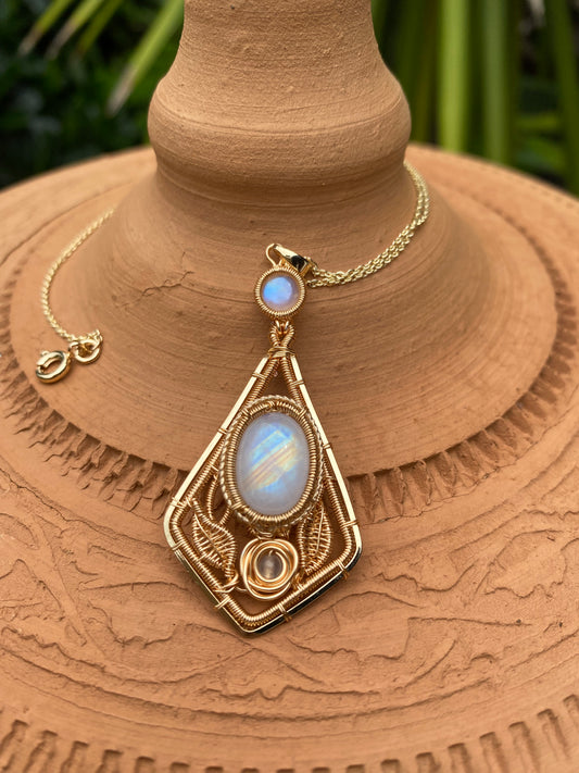 Handmade Rose And Moonstone Necklace - Wire Wrapped Jewelry