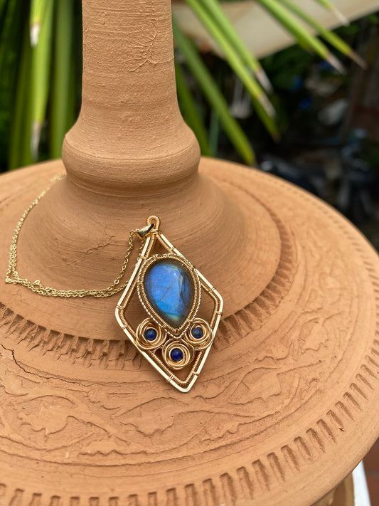 Handmade Rose And Blue Labradorite Necklace - Wire Wrapped Jewelry