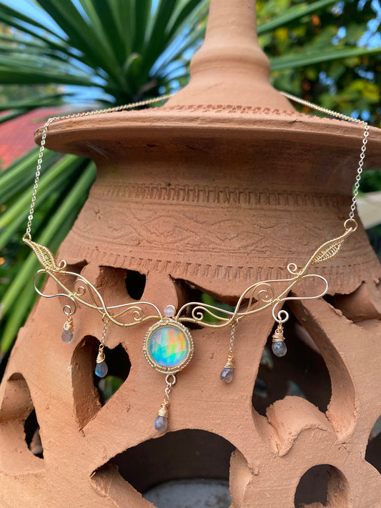 Handmade Aurora Opal (Round shape) Necklace - Wire Wrapped Jewelry