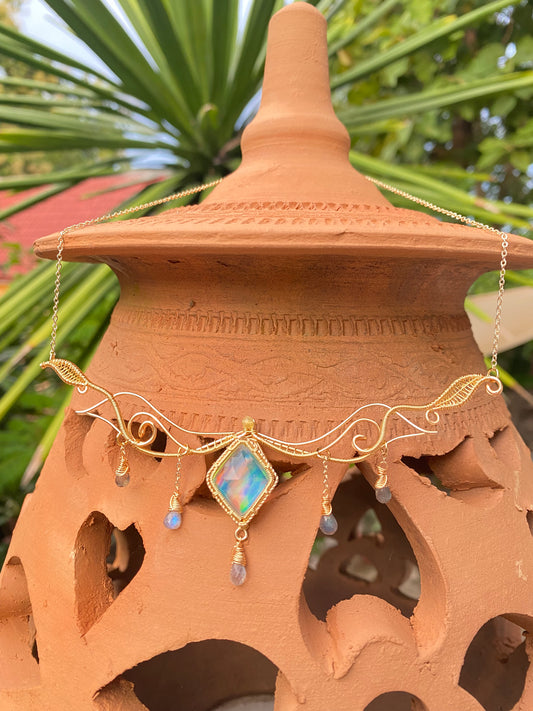 Handmade Aurora Opal (Rhombus shape) Necklace - Wire Wrapped Jewelry