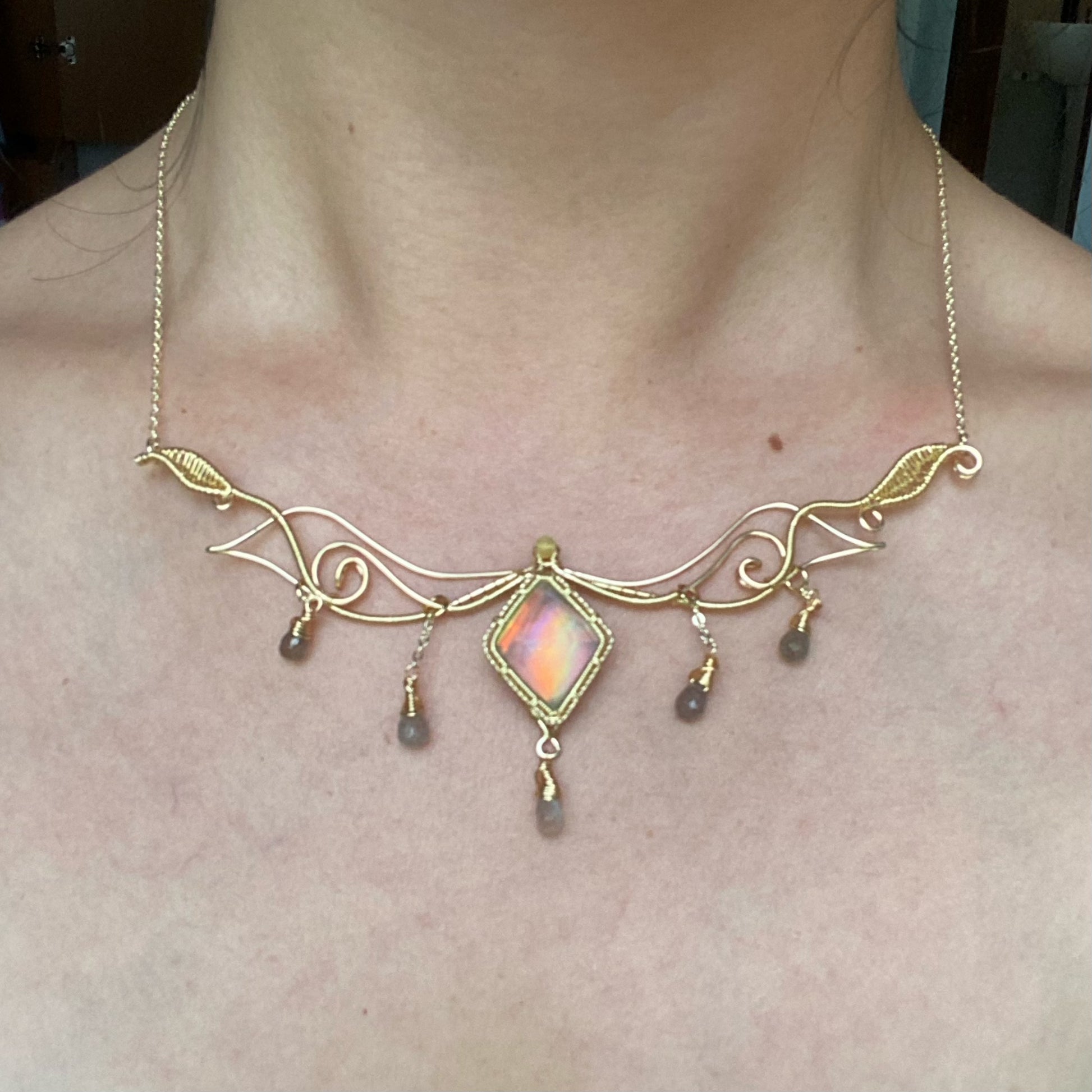 Handmade Aurora Opal (Rhombus shape) Necklace - Wire Wrapped Jewelry