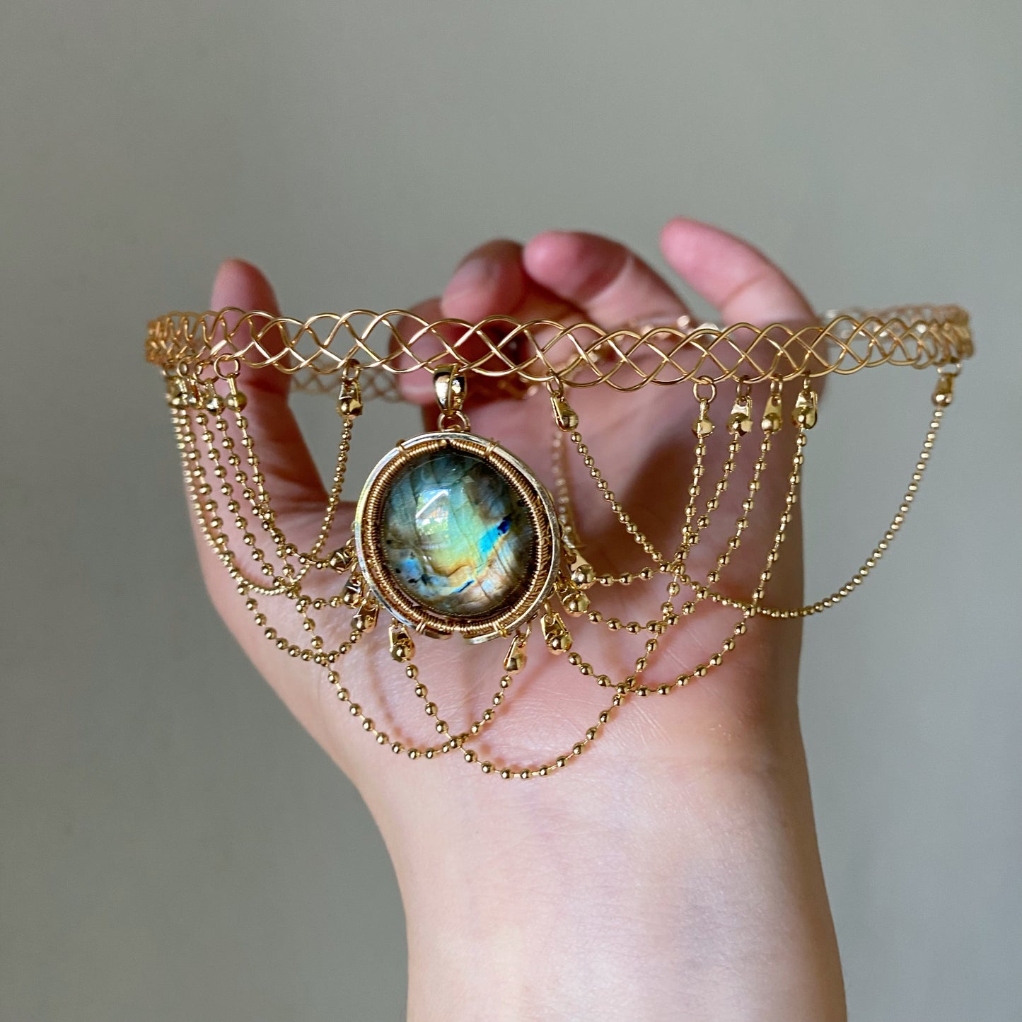 Handmade Green Labradorite Choker And Headpiece - Wire Wrapped Jewelry