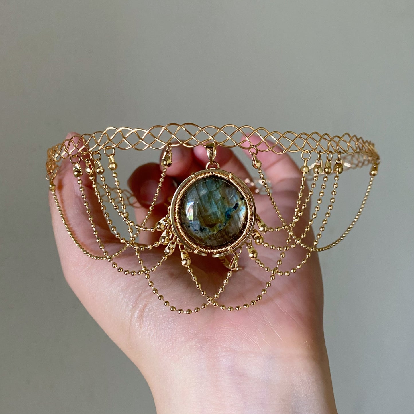 Handmade Green Labradorite Choker And Headpiece - Wire Wrapped Jewelry