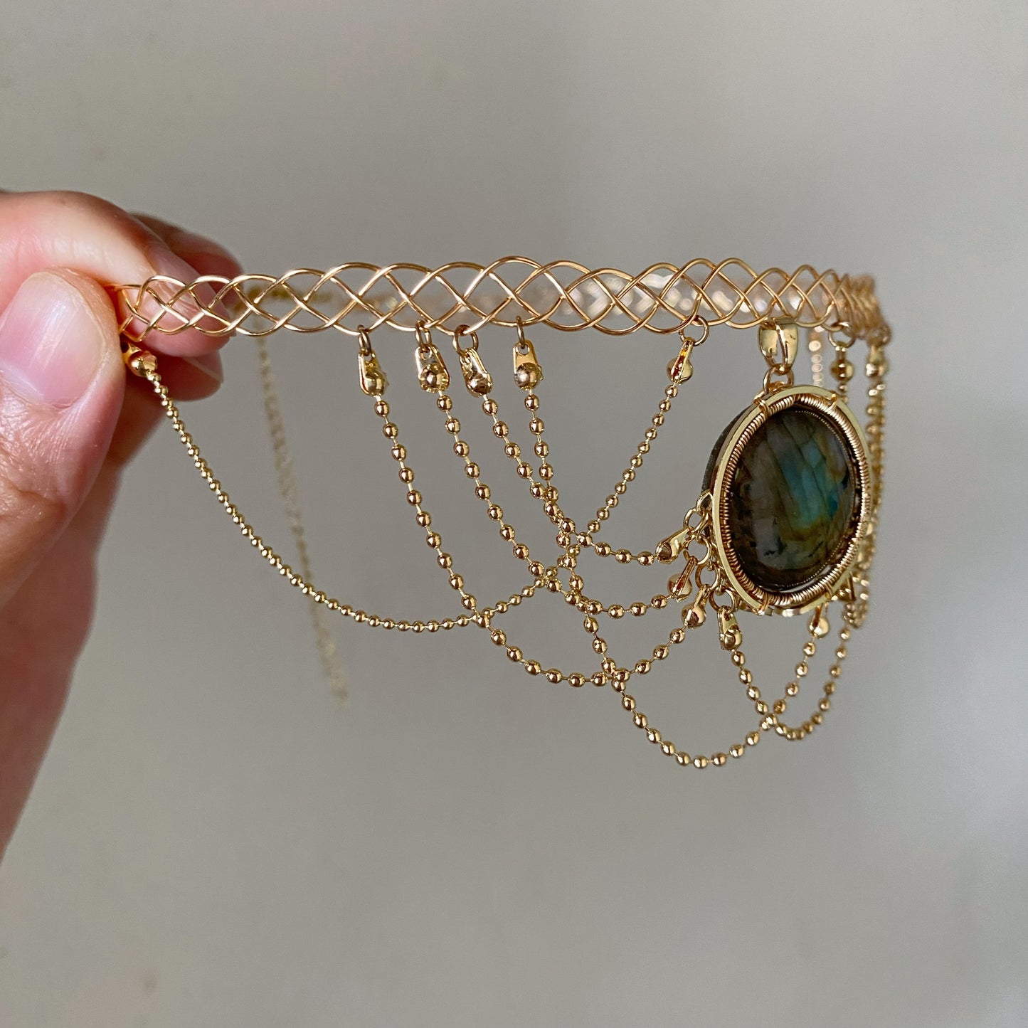 Handmade Green Labradorite Choker And Headpiece - Wire Wrapped Jewelry