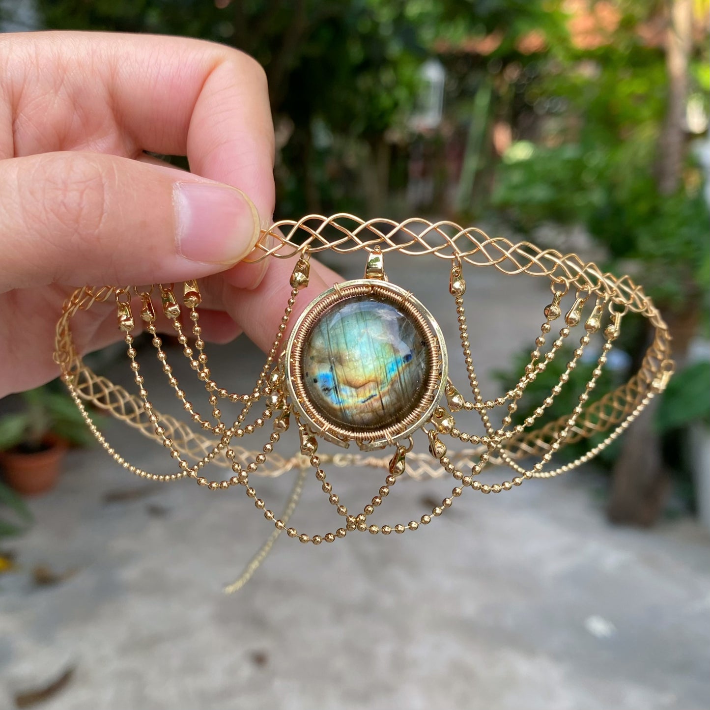 Handmade Green Labradorite Choker And Headpiece - Wire Wrapped Jewelry