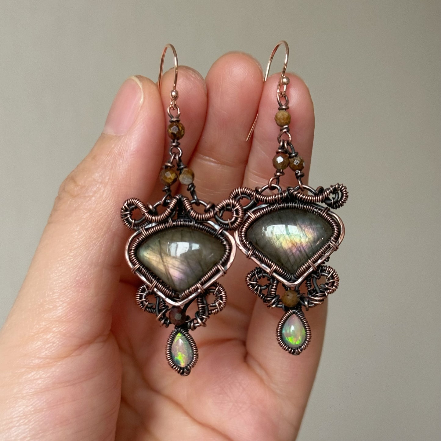 Handmade Labradorite And Opal Earring - Wire Wrapped Jewelry