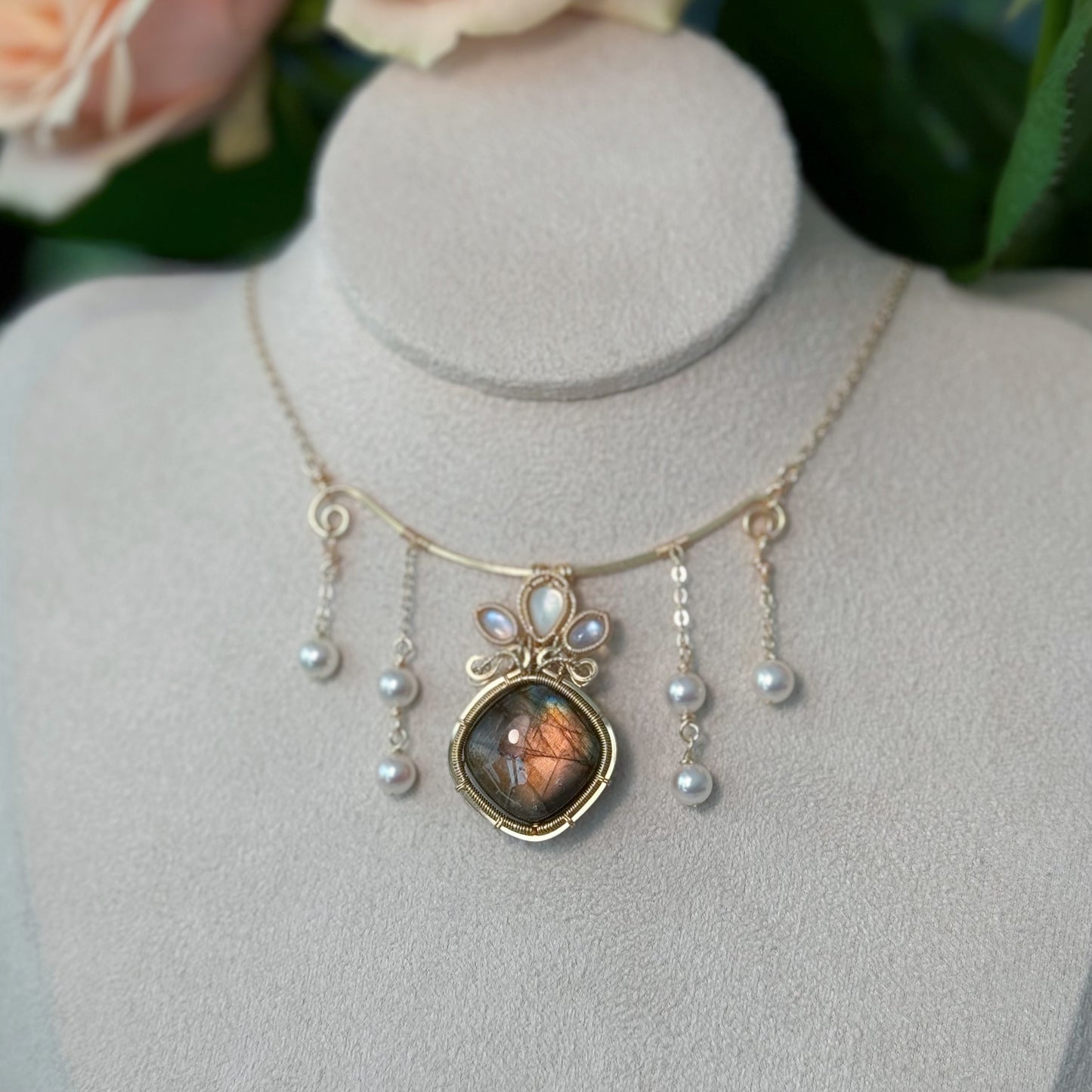 Handmade Orange Labradorite Necklace - Wire Wrapped Jewelry