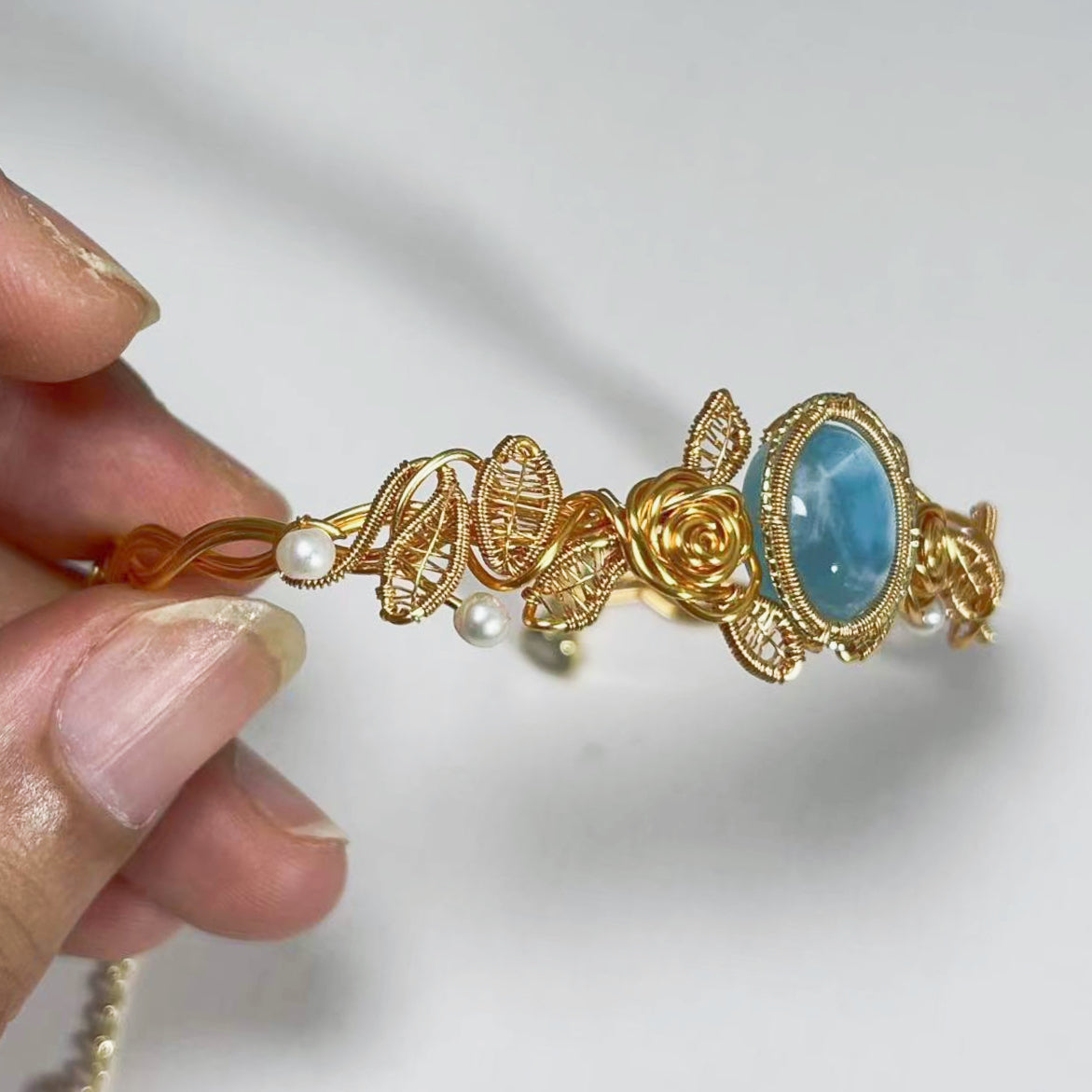 「Rose」Handmade Larimar Bracelet - Wire Wrapped Jewelry