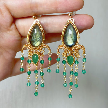 「Green Iris」Handmade Green Labradorite Earrings - Wire Wrapped Jewelry