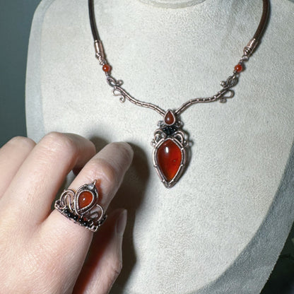 Handmade Garnet Necklace and Red Agate Ring - Jewelry Set