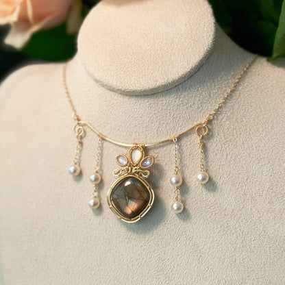 Handmade Orange Labradorite Necklace - Wire Wrapped Jewelry