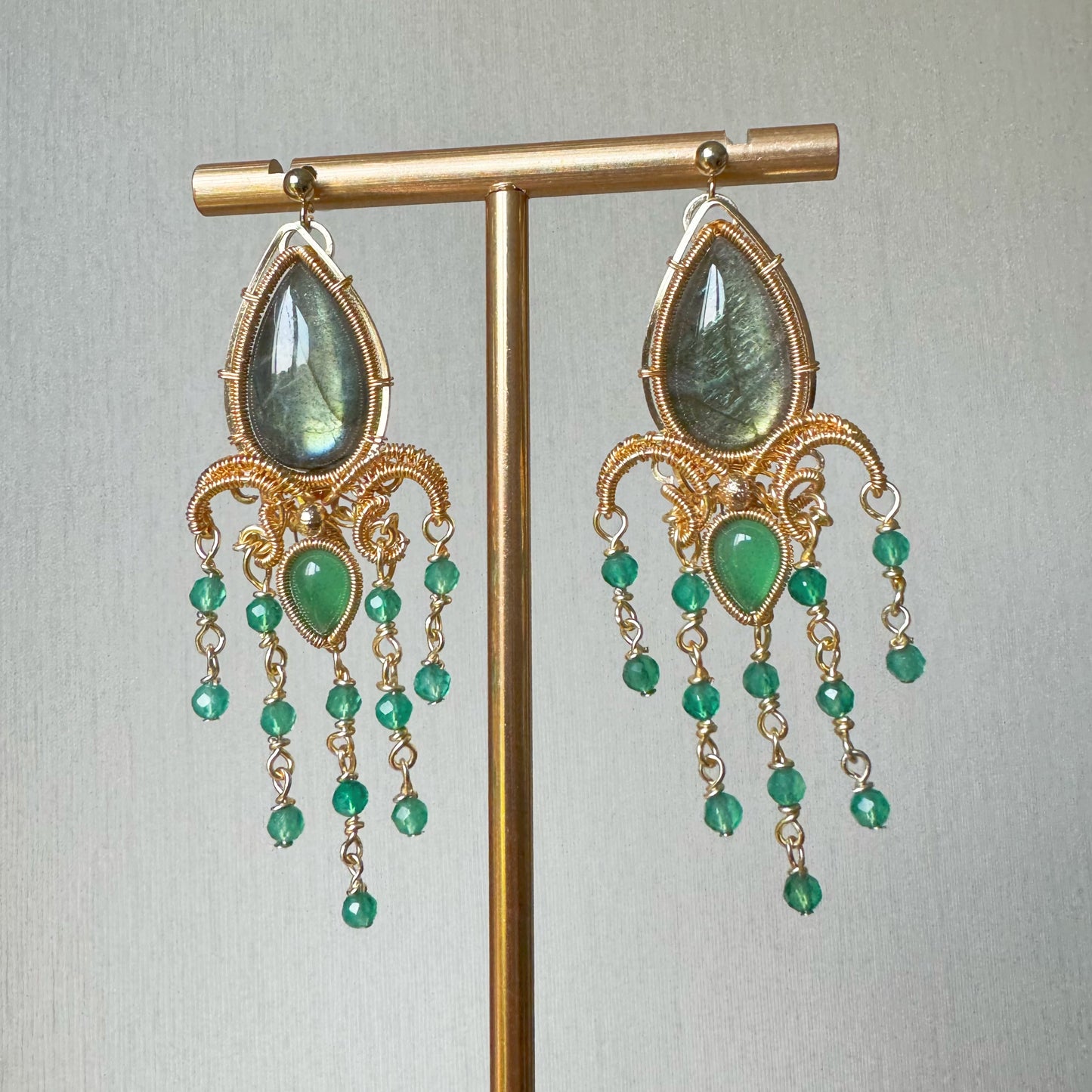 「Green Iris」Handmade Green Labradorite Earrings - Wire Wrapped Jewelry