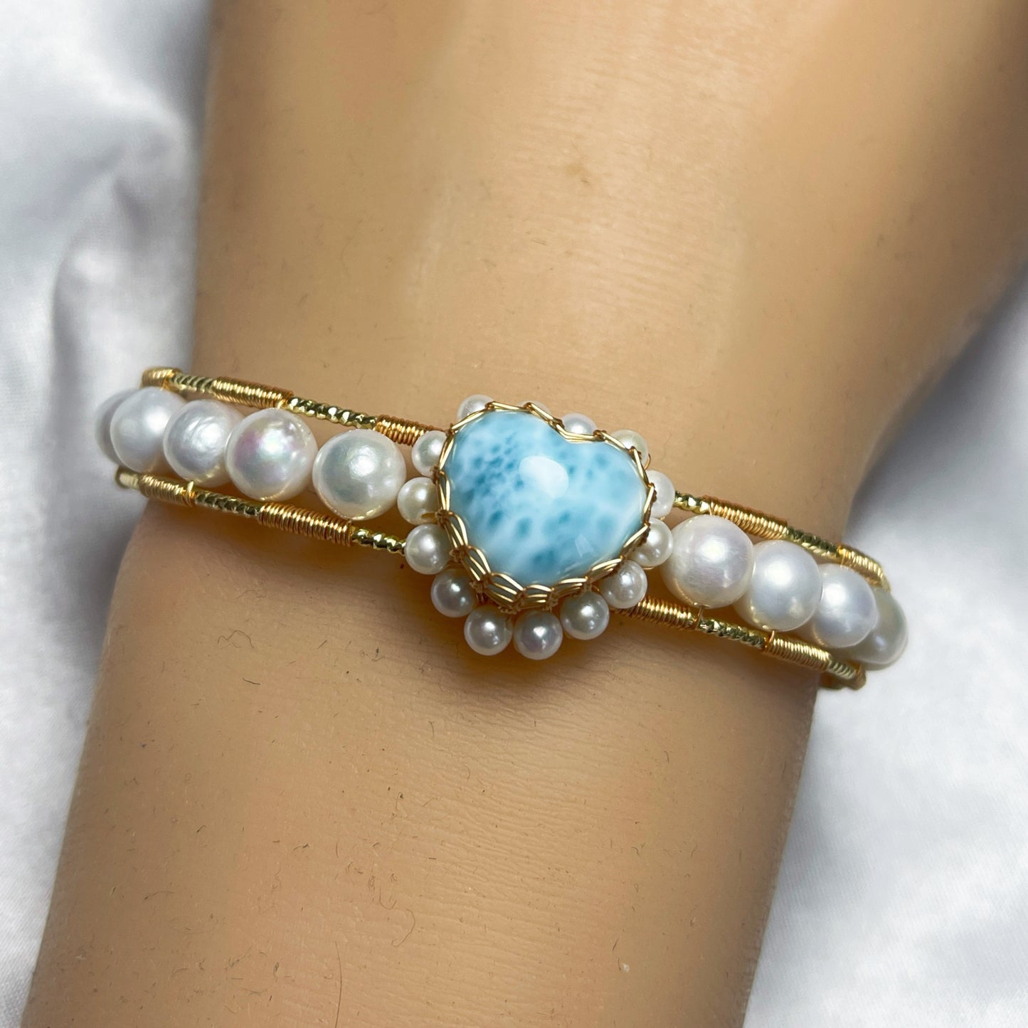 [Blue Heart] Handmade Larimar Bracelet - Wire Wrapped Jewelry