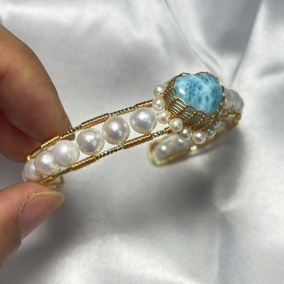 [Blue Heart] Handmade Larimar Bracelet - Wire Wrapped Jewelry