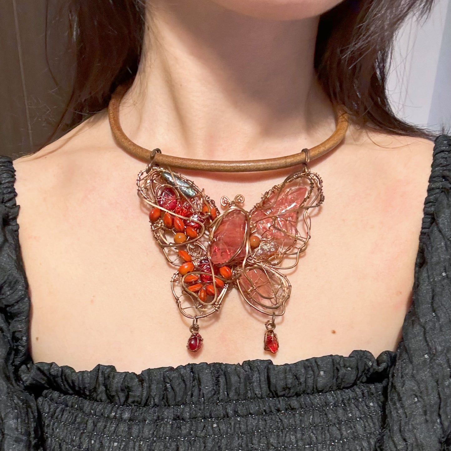 Handmade Red Butterfly Necklace - Wire Wrapped Jewelry