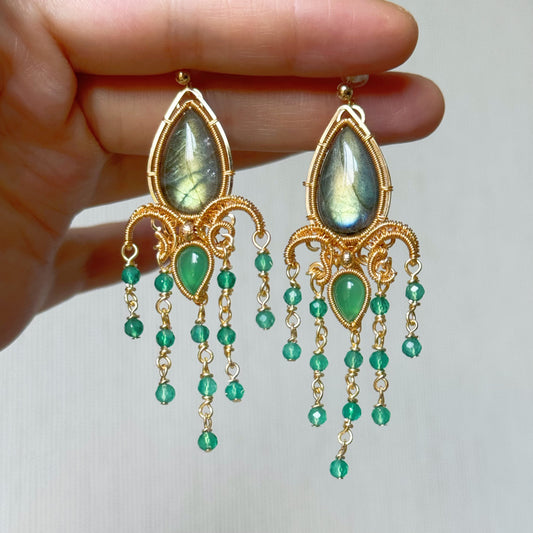 「Green Iris」Handmade Green Labradorite Earrings - Wire Wrapped Jewelry