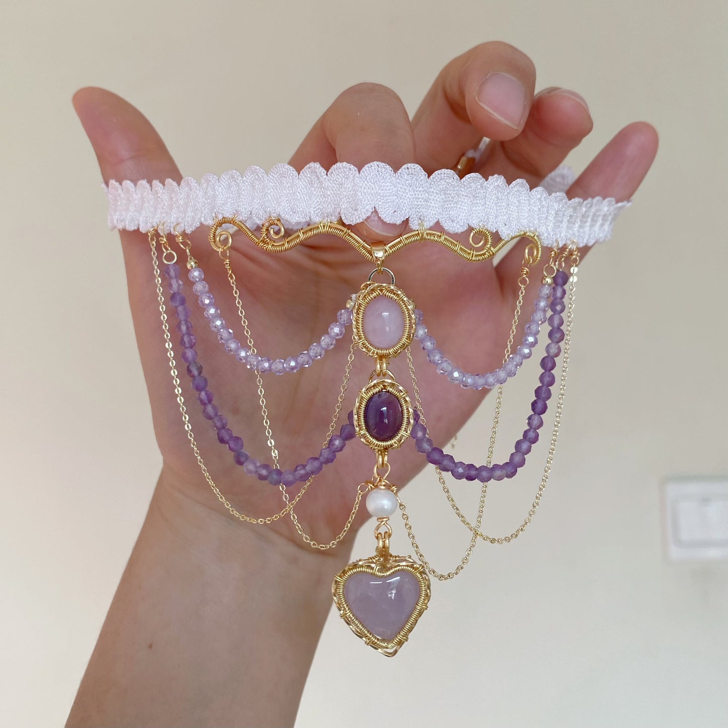 Handmade Kunzite and Amethyst Choker - Wire Wrapped Jewelry