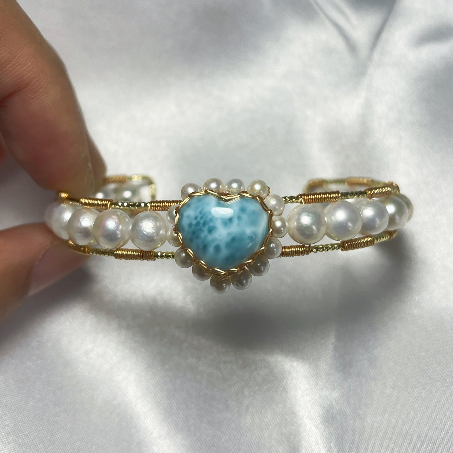 [Blue Heart] Handmade Larimar Bracelet - Wire Wrapped Jewelry