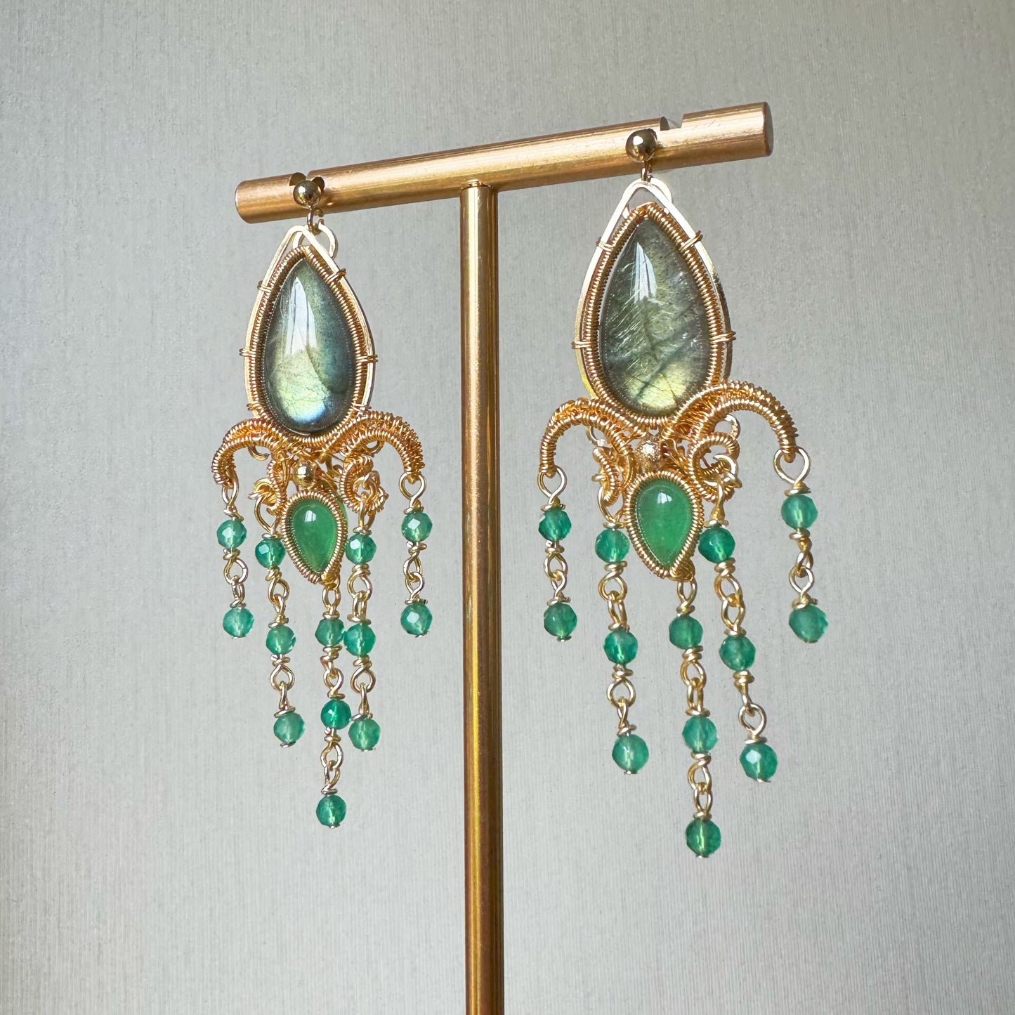 「Green Iris」Handmade Green Labradorite Earrings - Wire Wrapped Jewelry