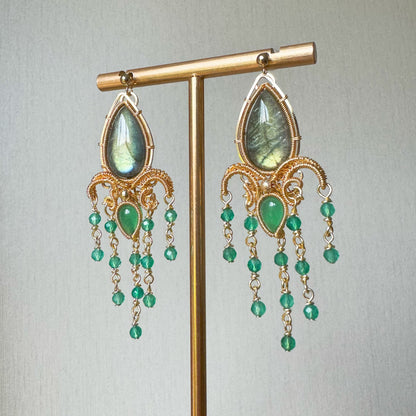 「Green Iris」Handmade Green Labradorite Earrings - Wire Wrapped Jewelry