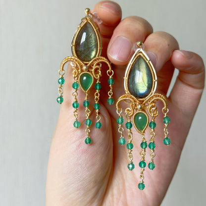 「Green Iris」Handmade Green Labradorite Earrings - Wire Wrapped Jewelry