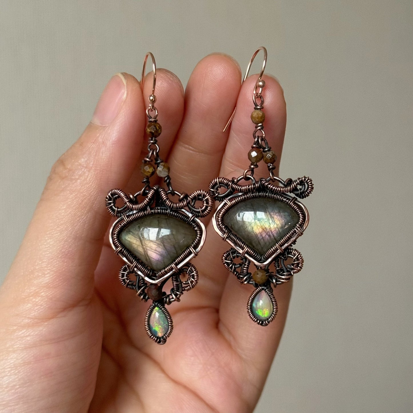 Handmade Labradorite And Opal Earring - Wire Wrapped Jewelry