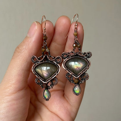 Handmade Labradorite And Opal Earring - Wire Wrapped Jewelry