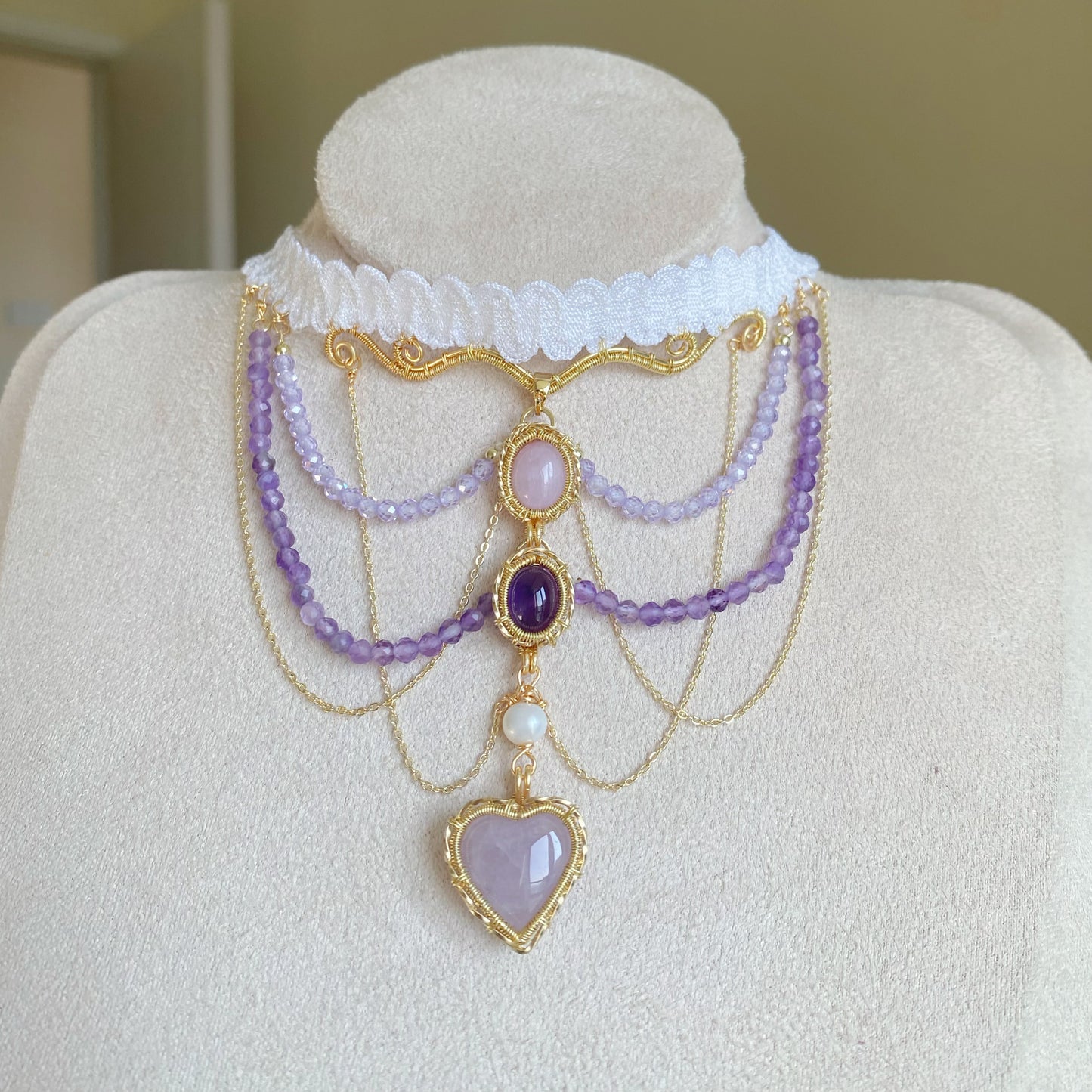 Handmade Kunzite and Amethyst Choker - Wire Wrapped Jewelry