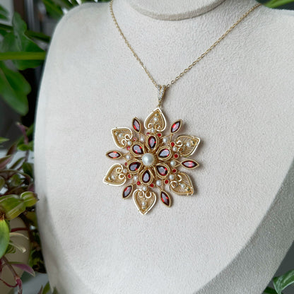 [Lotus] Handmade Red Garnet Flower Necklace - Wire Wrapped Jewelry