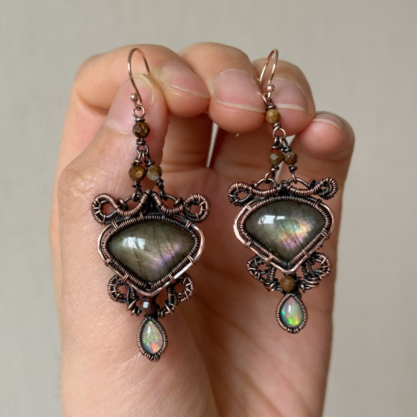 Handmade Labradorite And Opal Earring - Wire Wrapped Jewelry