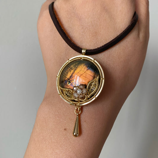 Handmade Orange Labradorite Necklace - Wire Wrapped Jewelry