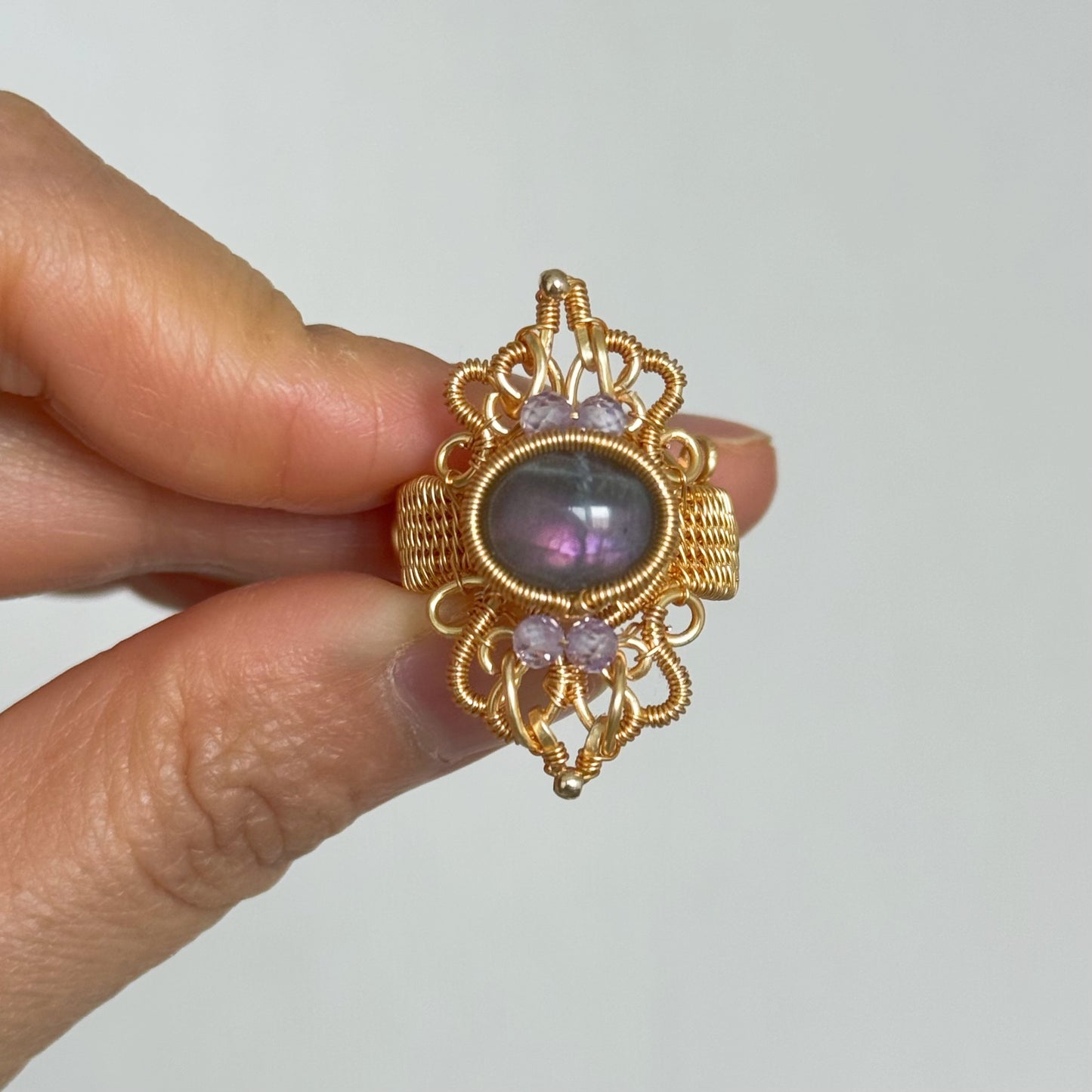 Handmade Purple Labradorite Ring (Open End Adjustment) - Wire Wrapped Jewelry