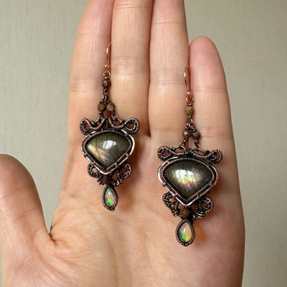 Handmade Labradorite And Opal Earring - Wire Wrapped Jewelry