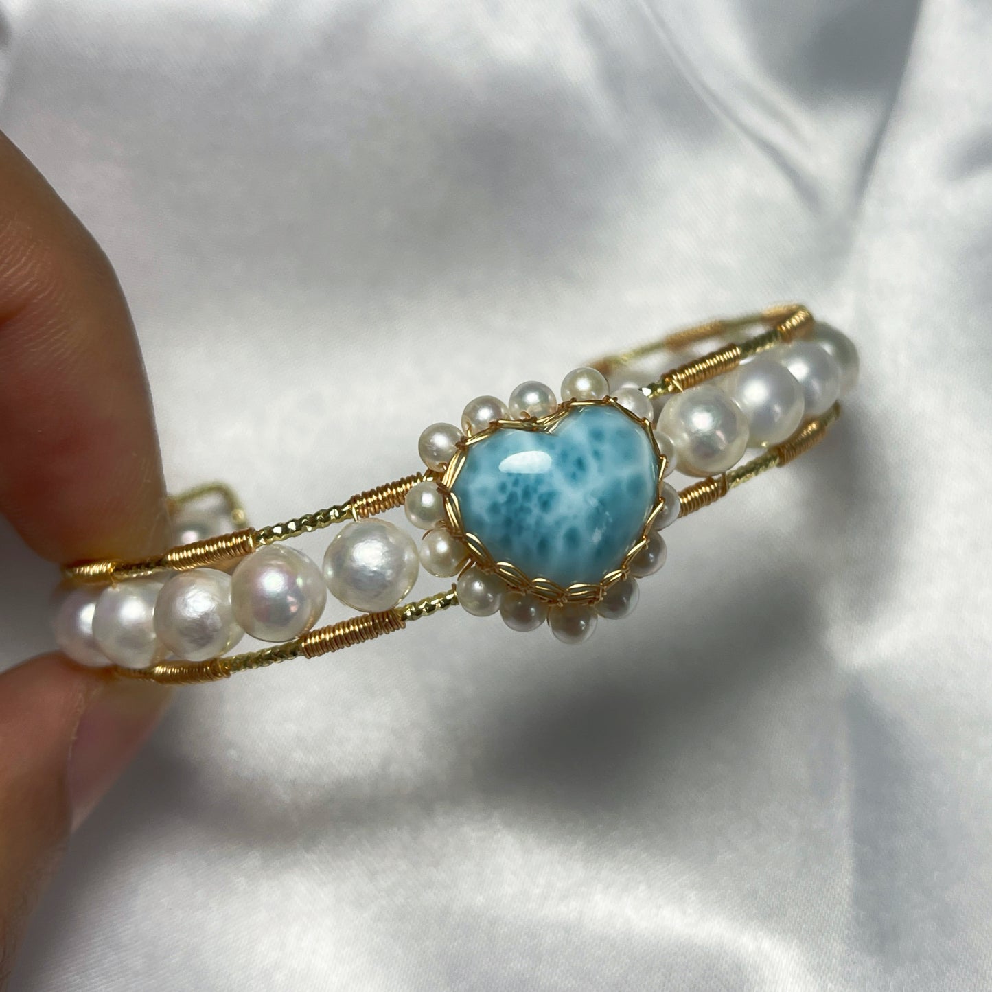 [Blue Heart] Handmade Larimar Bracelet - Wire Wrapped Jewelry